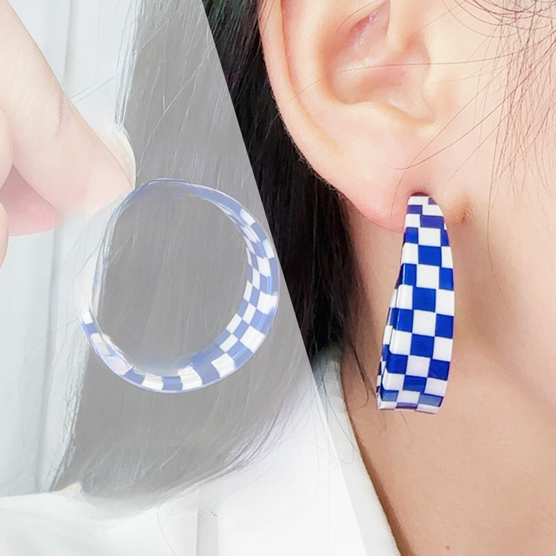 Vintage Boho Checkerboard C Hoop Earrings Stainless Steel Acrylic Posts